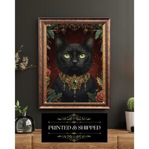 Black Cat Christmas Art Print Gothic Holiday Portrait Emerald Jewels Wall Art